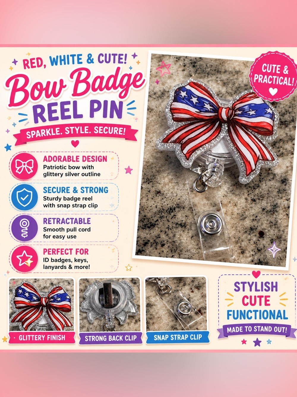 Badge pin Hand Crafted Patriotic Red White and Blue Bow Badge Reel
